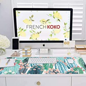 French Koko Large Mouse Pad Long Desk Mat Keyboard Pad Desktop Accessories Home School College Decor Supplies Pretty Extended Mousepad Big Office Essentials Women Girls XL Plant Pink Green Cute Cactus