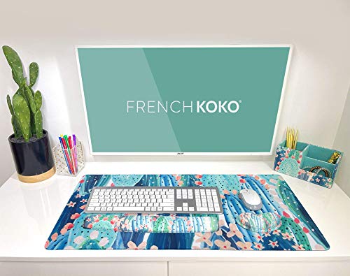 French Koko Large Mouse Pad Long Desk Mat Keyboard Pad Desktop Accessories Home School College Decor Supplies Pretty Extended Mousepad Big Office Essentials Women Girls XL Plant Pink Green Cute Cactus