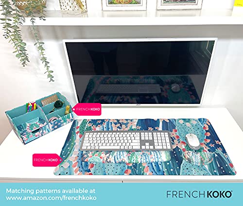 French Koko Large Mouse Pad Long Desk Mat Keyboard Pad Desktop Accessories Home School College Decor Supplies Pretty Extended Mousepad Big Office Essentials Women Girls XL Plant Pink Green Cute Cactus