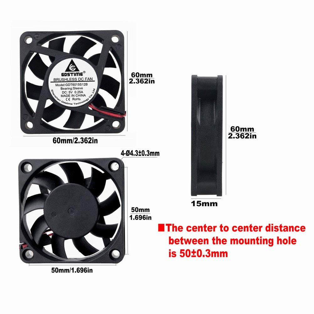 GDSTIME 60mm x 60mm x 15mm 5V 2PIN DC Brushless Cooling Fan