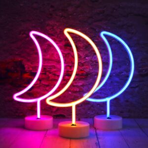 LED Neon Moon Lights, Moon Shape Neon Signs Crescent Night Lights Battery Operated Desk Table Lamp for Bedroom, Bar, Wall Decor-Moon with Holder Base(Pink)