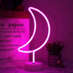 LED Neon Moon Lights, Moon Shape Neon Signs Crescent Night Lights Battery Operated Desk Table Lamp for Bedroom, Bar, Wall Decor-Moon with Holder Base(Pink)