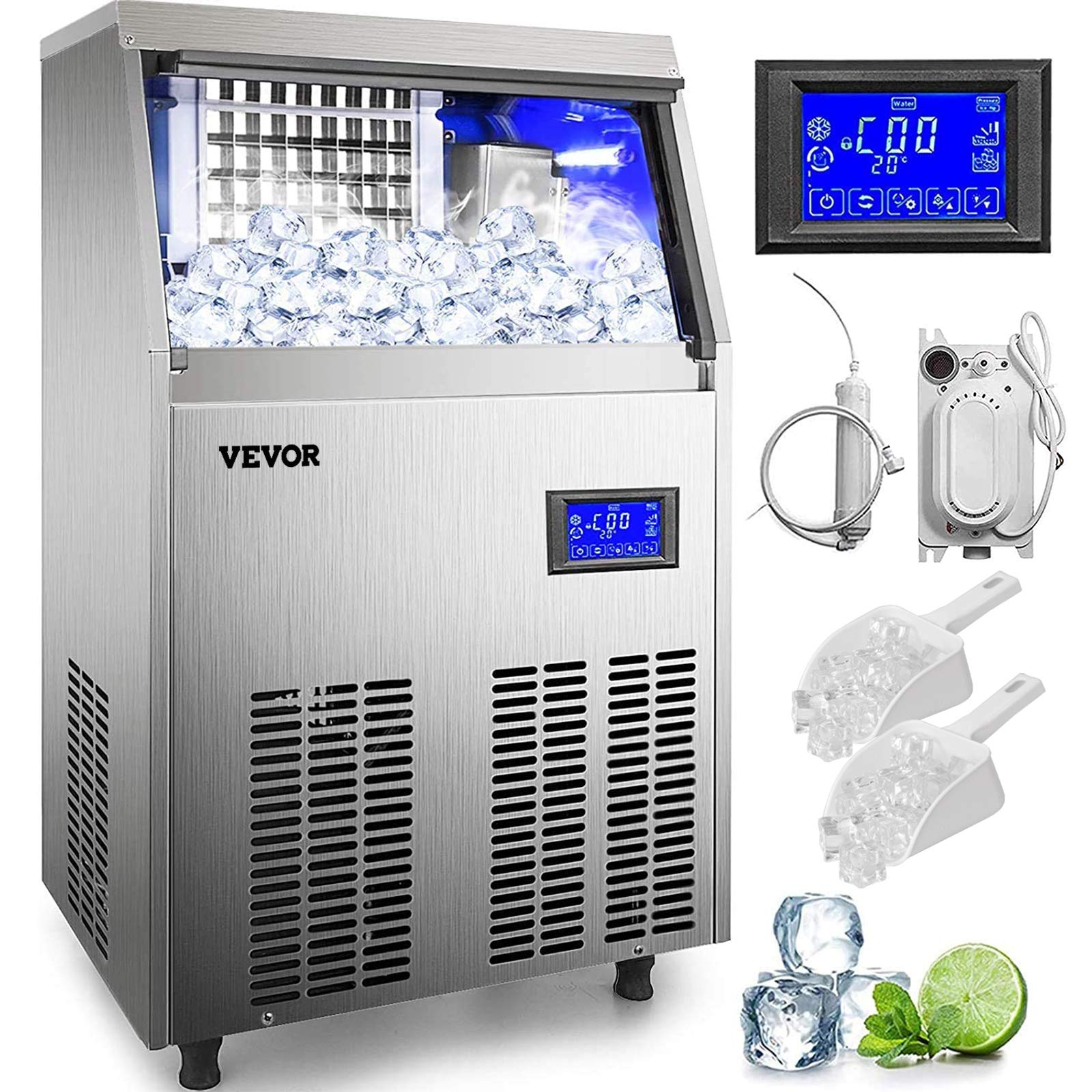 VEVOR Commercial Ice Maker Machine, 130LBS/24H with 33LBS Bin and Electric Water Drain Pump, Stainless Steel Construction, Auto Operation, Include Water Filter 2 Scoops and Connection Hose