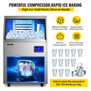 VEVOR Commercial Ice Maker Machine, 130LBS/24H with 33LBS Bin and Electric Water Drain Pump, Stainless Steel Construction, Auto Operation, Include Water Filter 2 Scoops and Connection Hose