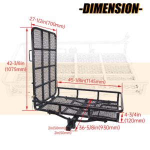 ECOTRIC Hitch Mount Wheelchair Carrier with Mobility Ramp for Wheelchair Scooter Lawn Mower Snow Blower Hauler 500lb Capacity Basket-Style