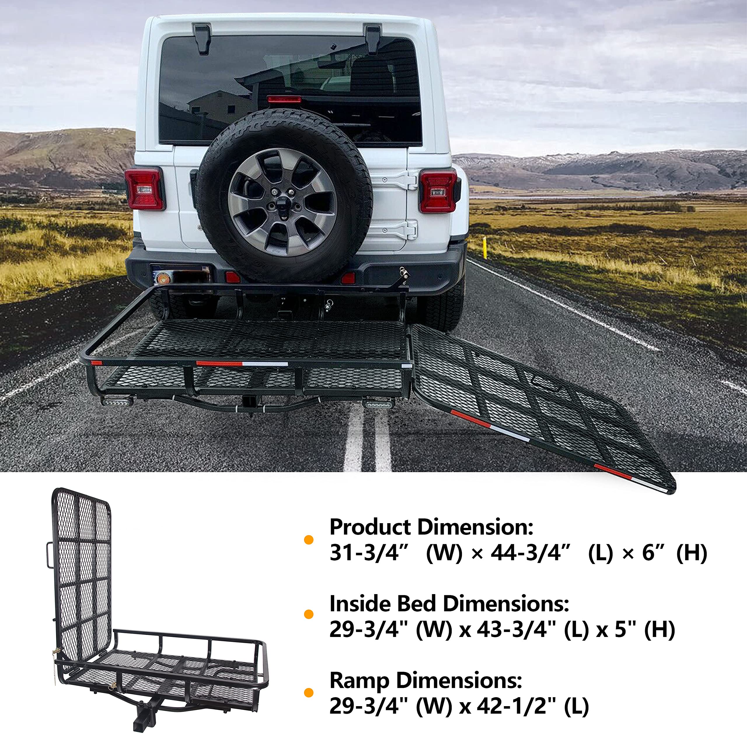 ECOTRIC Hitch Mount Wheelchair Carrier with Mobility Ramp for Wheelchair Scooter Lawn Mower Snow Blower Hauler 500lb Capacity Basket-Style