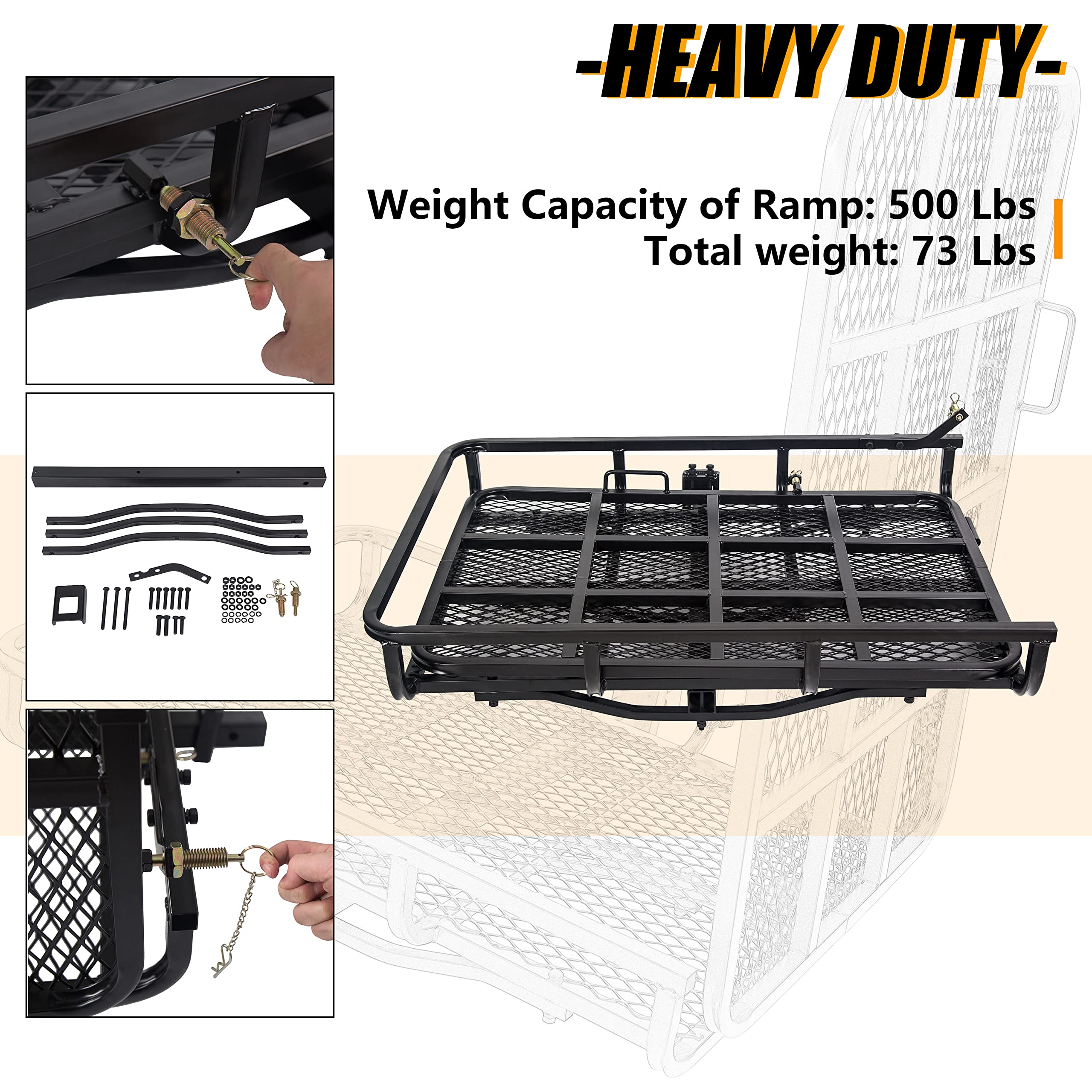 ECOTRIC Hitch Mount Wheelchair Carrier with Mobility Ramp for Wheelchair Scooter Lawn Mower Snow Blower Hauler 500lb Capacity Basket-Style