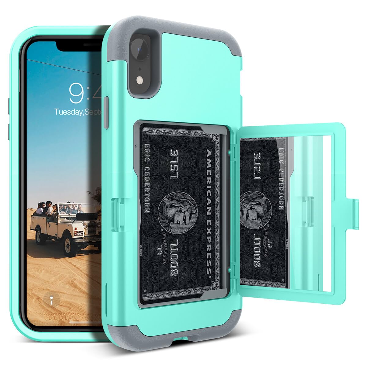 WeLoveCase iPhone XR Wallet Case Defender Wallet Design with Card Holder and Hidden Back Mirror Three Layer Heavy Duty Protection Shockproof All-Round Armor Protective Case for iPhone XR Mint Green