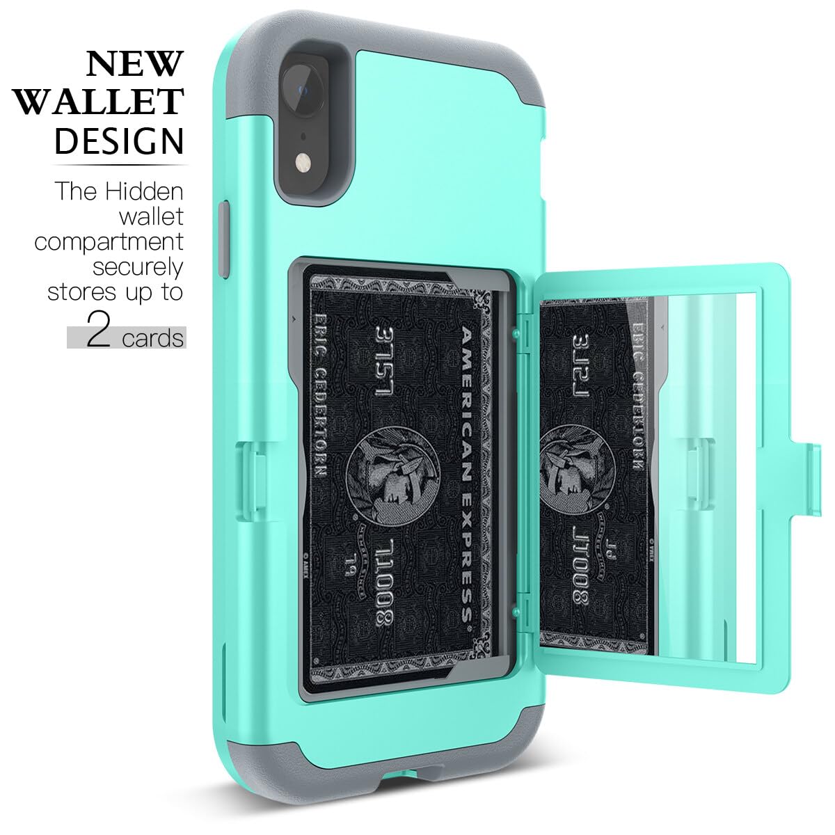 WeLoveCase iPhone XR Wallet Case Defender Wallet Design with Card Holder and Hidden Back Mirror Three Layer Heavy Duty Protection Shockproof All-Round Armor Protective Case for iPhone XR Mint Green