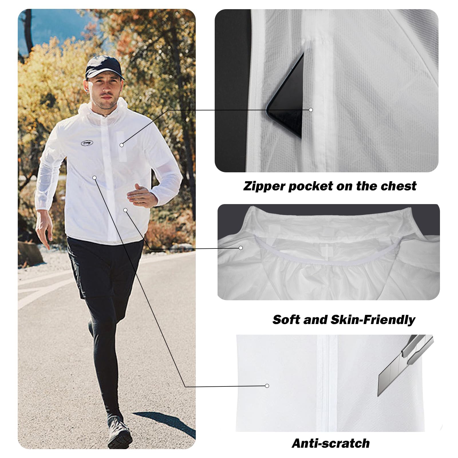 Dooy Sun Protection Jacket Ultra Light Thin Breathable Packable Outdoor Cycling Jacket Hoodie Skin Clothing for Men & Women（white，XL）