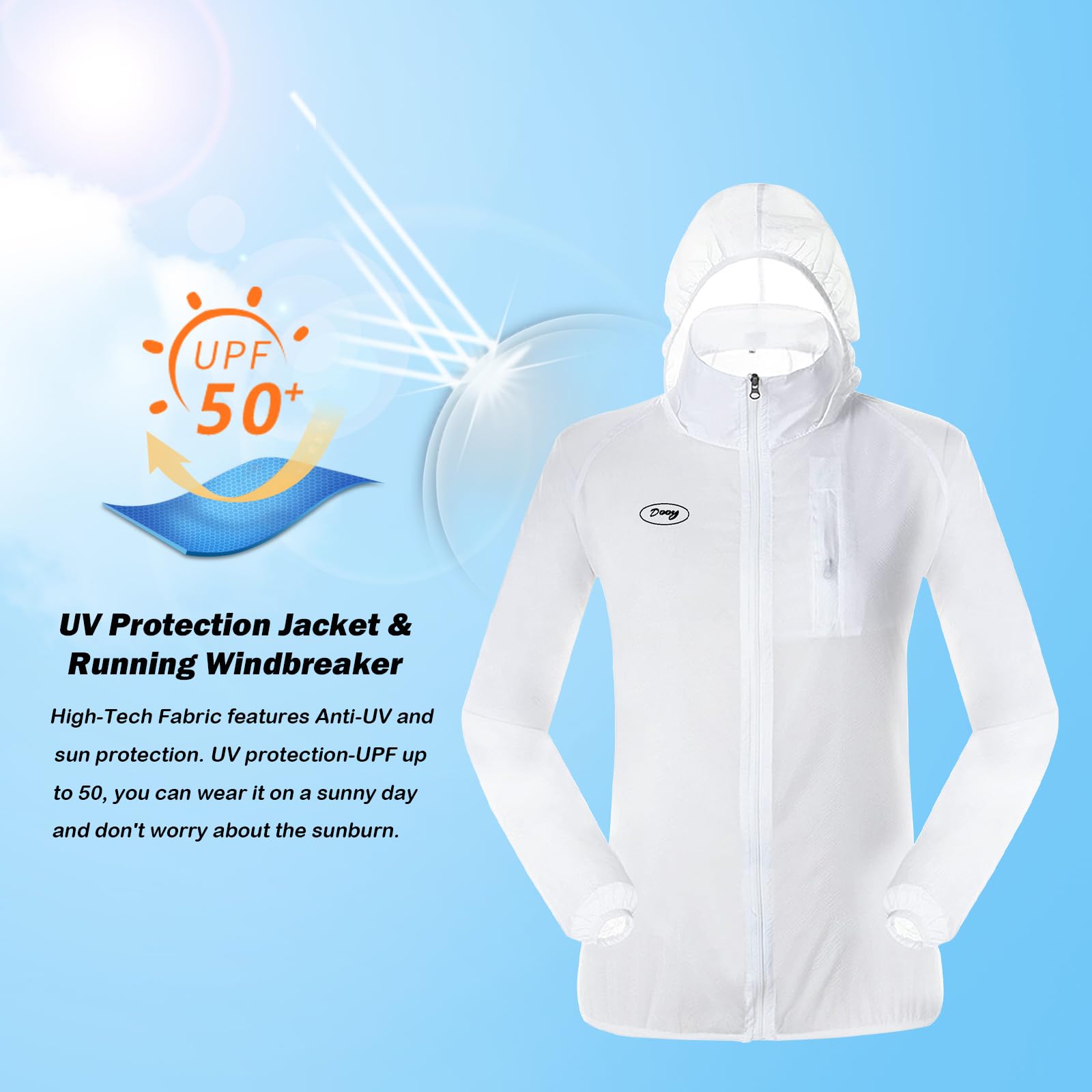 Dooy Sun Protection Jacket Ultra Light Thin Breathable Packable Outdoor Cycling Jacket Hoodie Skin Clothing for Men & Women（white，XL）