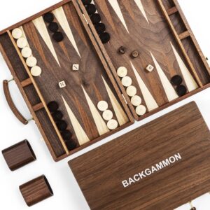 ropoda sapele wood backgammon board game set (15 inches) for adults and kids - classic board strategy game - portable and travel backgammon set with wooden playing pieces and accessories