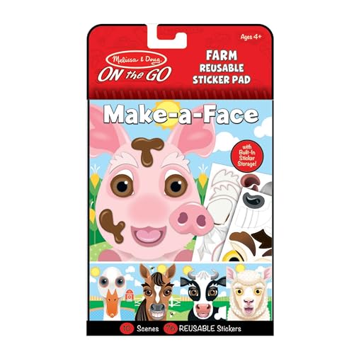 Melissa & Doug On The Go Make-a-Face Reusable Sticker Pad Travel Toy Activity Book – Farm Animals (10 Scenes, 76 Cling Stickers)