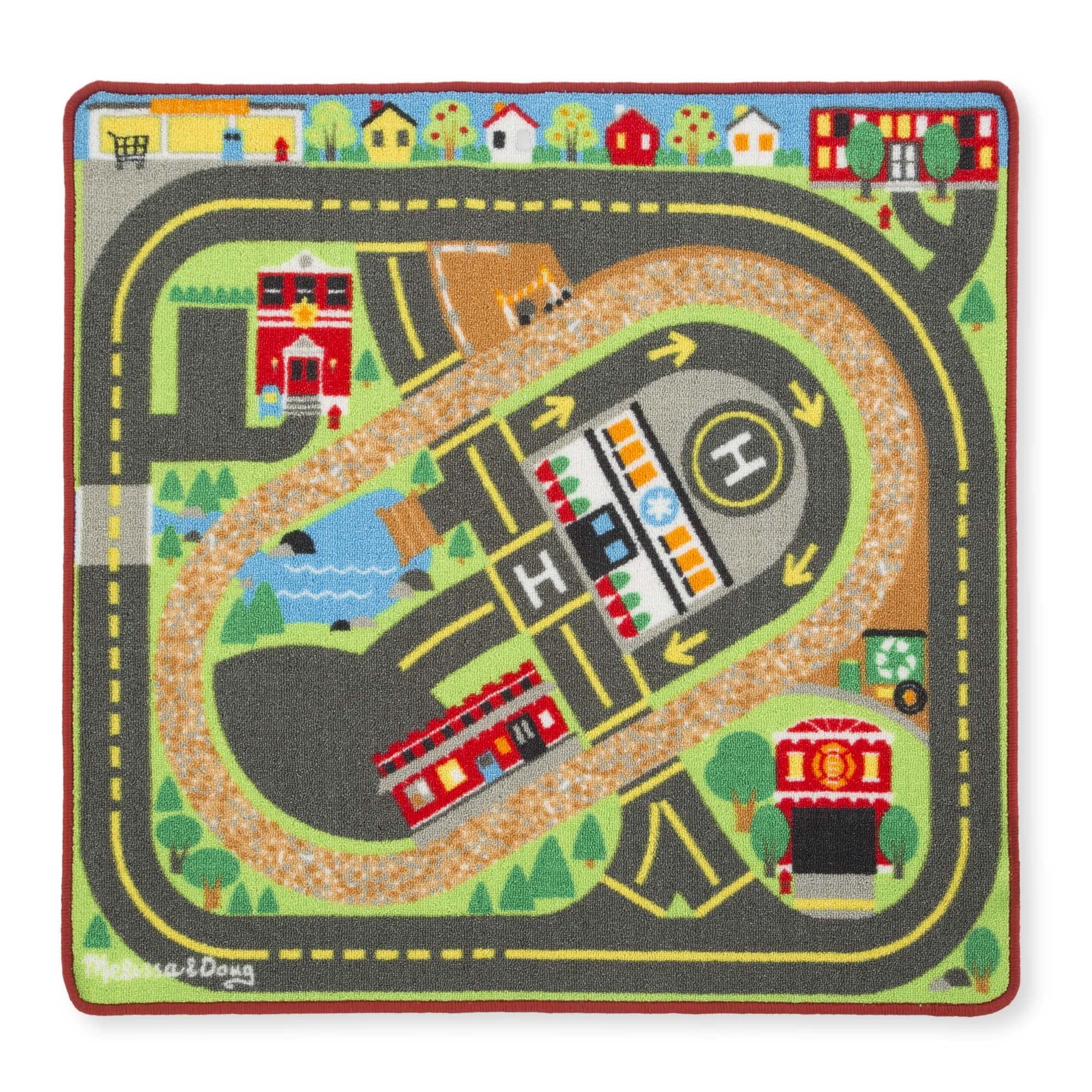 Melissa & Doug Deluxe Multi-Vehicle Activity Rug (39.5" x 36.5") - 19 Vehicles, 12 Wooden Signs, Train Tracks