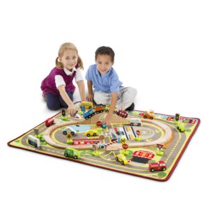 Melissa & Doug Deluxe Multi-Vehicle Activity Rug (39.5" x 36.5") - 19 Vehicles, 12 Wooden Signs, Train Tracks