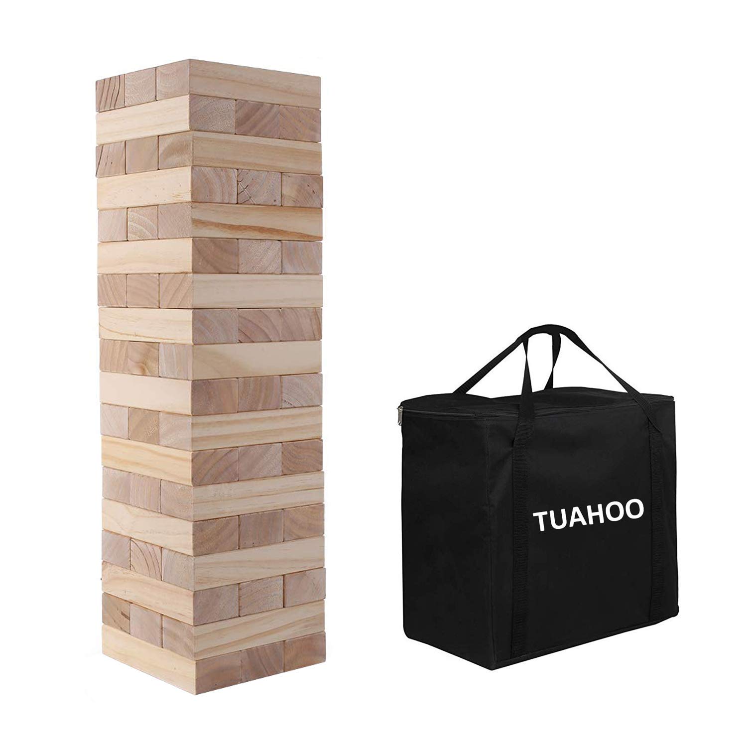 TUAHOO Outdoor Games Giant Tumble Tower (Stacks to 4+ Feet), Jumbo Tumbling Timber, Wood Stacking Backyard Game for Kids Adult Family Fun, 54-Blocks + Storage Bag