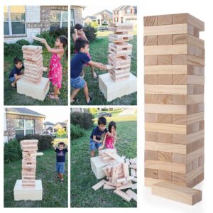 TUAHOO Outdoor Games Giant Tumble Tower (Stacks to 4+ Feet), Jumbo Tumbling Timber, Wood Stacking Backyard Game for Kids Adult Family Fun, 54-Blocks + Storage Bag