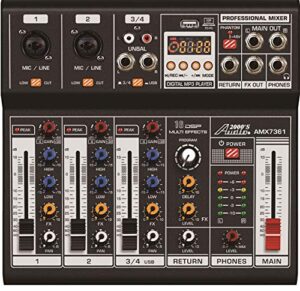 audio2000's amx7361 four-channel audio mixer with usb 5v power supply, usb interface, and sound effect