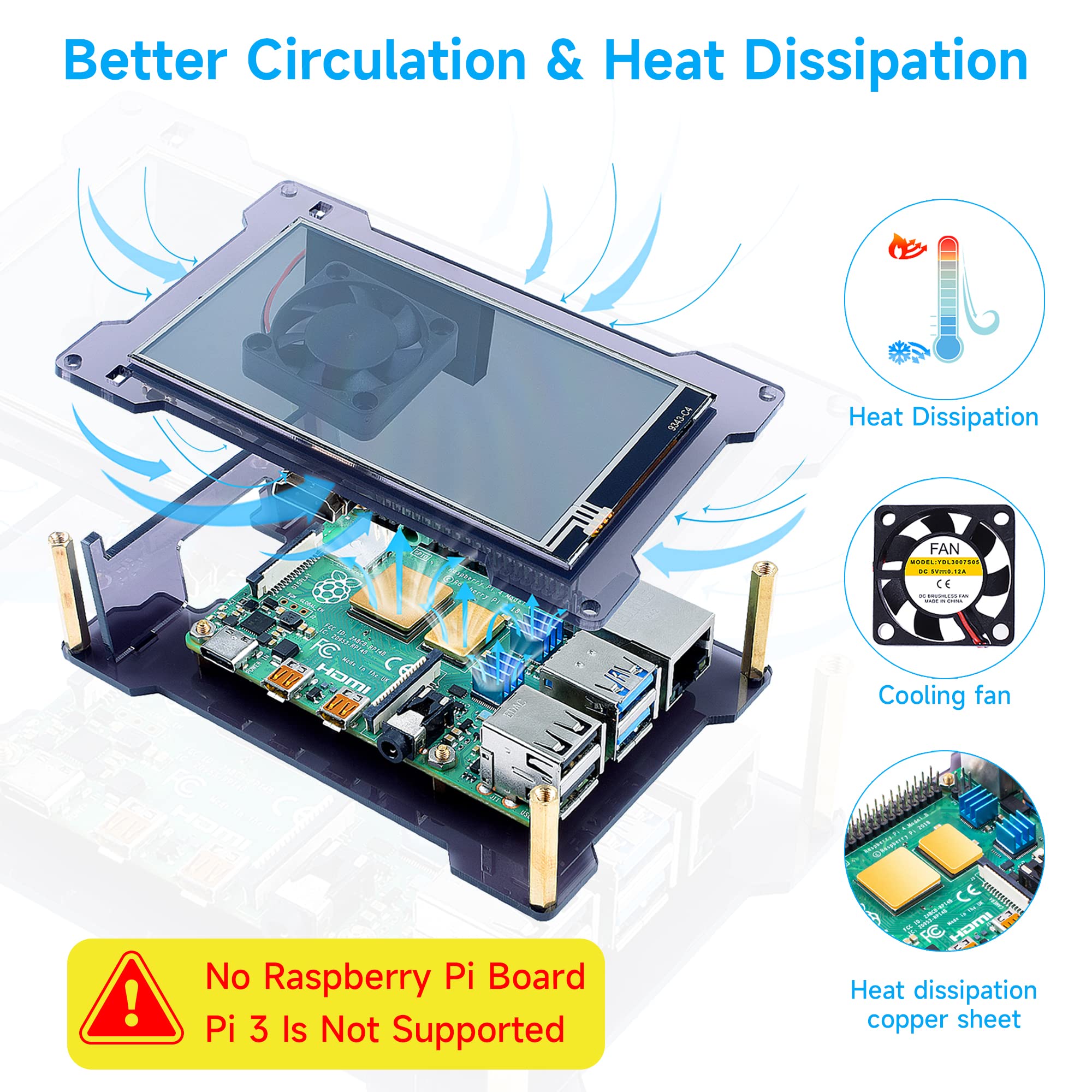 Miuzei Raspberry Pi 4 Touchscreen with Case Fan, 4 inch IPS Touch Screen LCD Display, 800x480 HDMI Monitor for RPI 4b 8gb/4gb/2gb with Touch Pen (Support Raspbian/Kali/Octopi/Ubuntu)- No Raspberry Pi