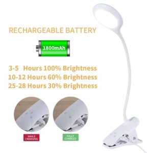 LACOKI LED Reading Light, 28 LEDs USB Rechargeable 3 Color x 3 Brightness with Safety Switch, Eye Protection Book Light for Reading in Bed, Touch Control Clip Desk Lamp (White)