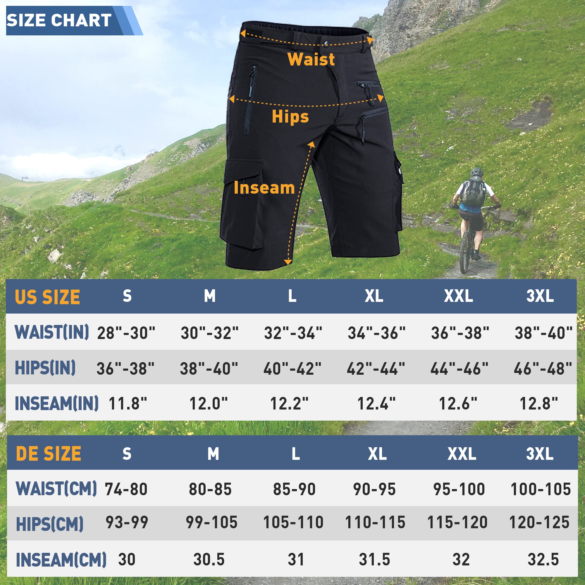 Hiauspor Men's Mountain Bike Shorts Stretch MTB Shorts Quick Dry with Zipper Pocket (Black, XX-Large)