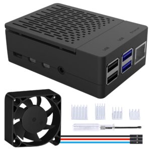 geeekpi case for raspberry pi 4, pi 4 fan abs case with pwm cooling fan 40x40x10mm and 4pcs heatsinks for raspberry pi 4 model b (black with large fan)