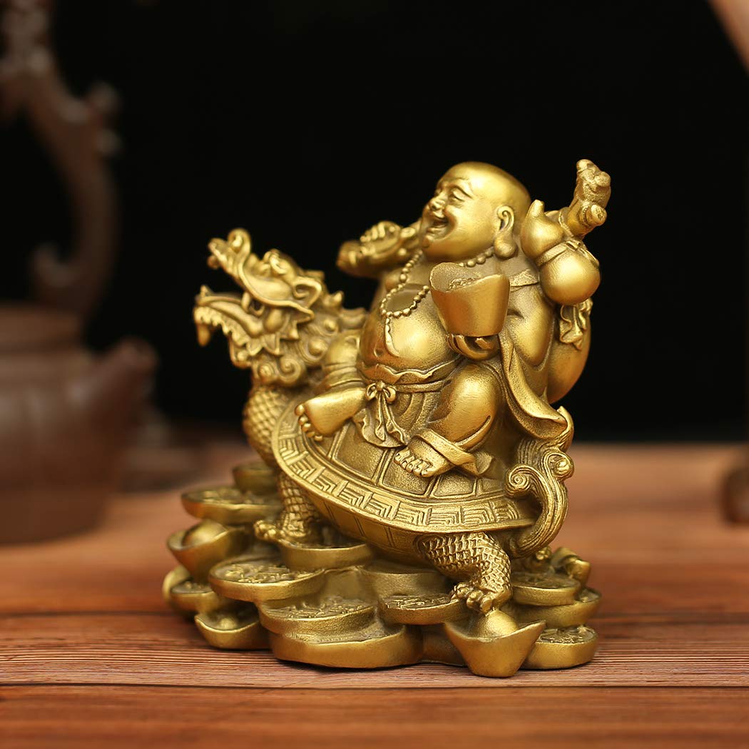 BRASSTAR 4.5”(H) Ruyi Laughing Buddha and Turtle-Wealth, Good Fortune, Health Buddha Statue for Home Office Decor PTZY062