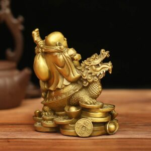 BRASSTAR 4.5”(H) Ruyi Laughing Buddha and Turtle-Wealth, Good Fortune, Health Buddha Statue for Home Office Decor PTZY062