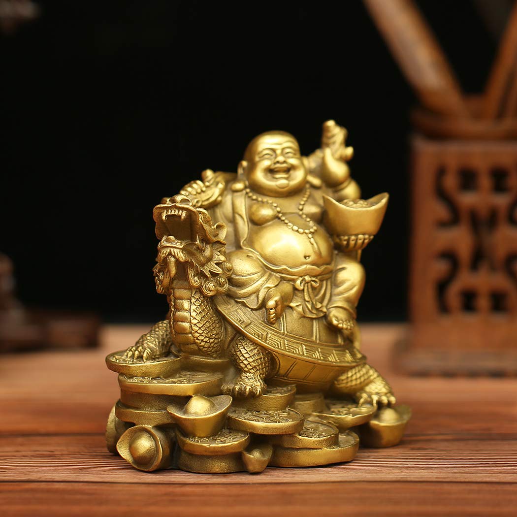 BRASSTAR 4.5”(H) Ruyi Laughing Buddha and Turtle-Wealth, Good Fortune, Health Buddha Statue for Home Office Decor PTZY062