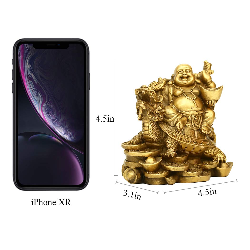 BRASSTAR 4.5”(H) Ruyi Laughing Buddha and Turtle-Wealth, Good Fortune, Health Buddha Statue for Home Office Decor PTZY062