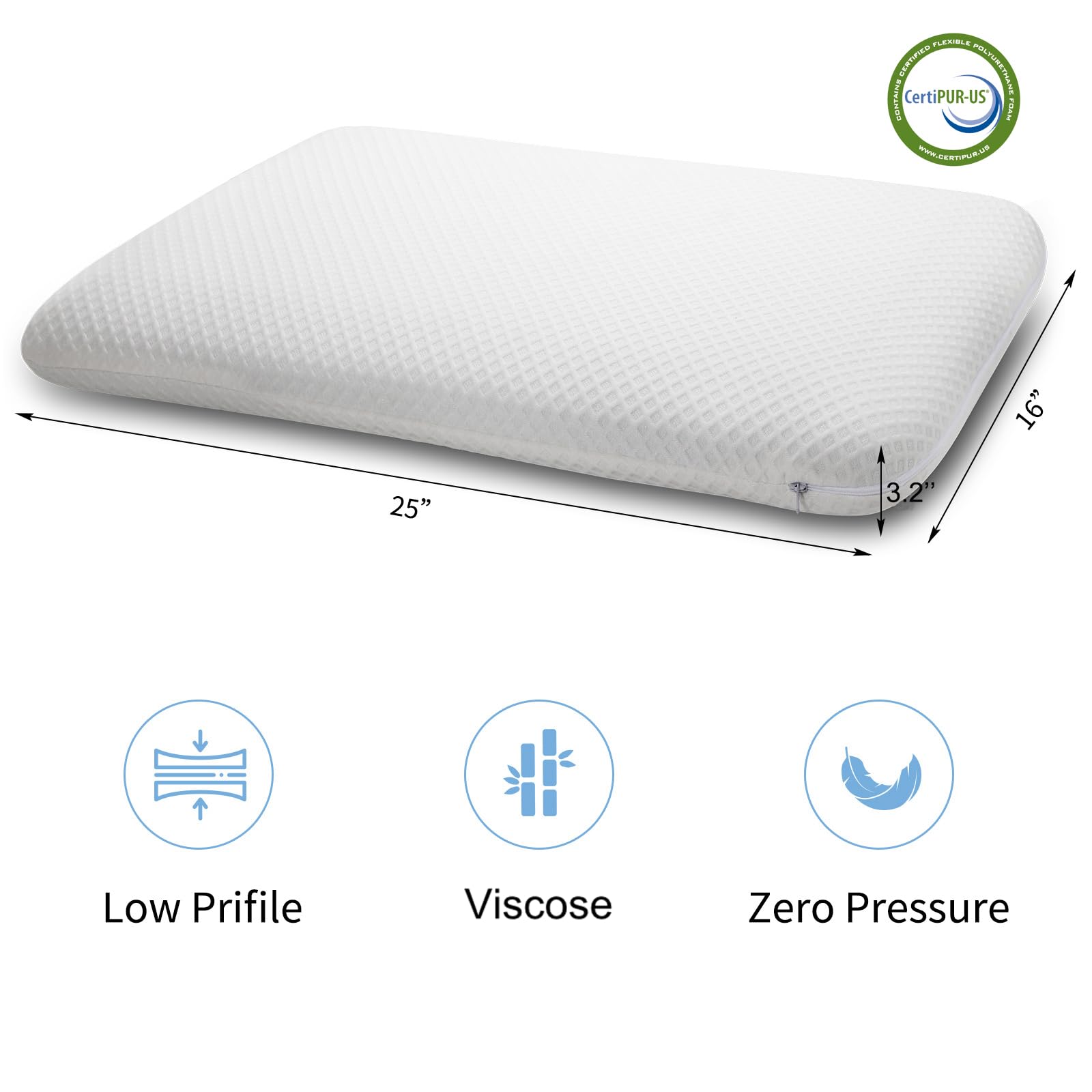 DLIGHT BD Slim 3.2" Stomach Sleeping Memory Foam Pillow-Thin, Flat, Soft Yet Supportative for Belly, Back& Stomach Sleepers