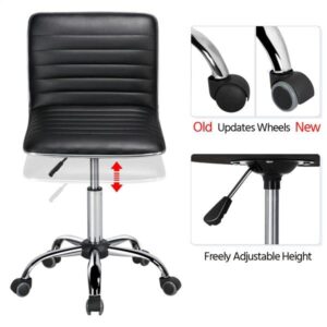 Yaheetech PU Leather Armless Desk Chair Low Back Ribbed Swivel Chair Office Chair with Wheels, Set of 2, Black