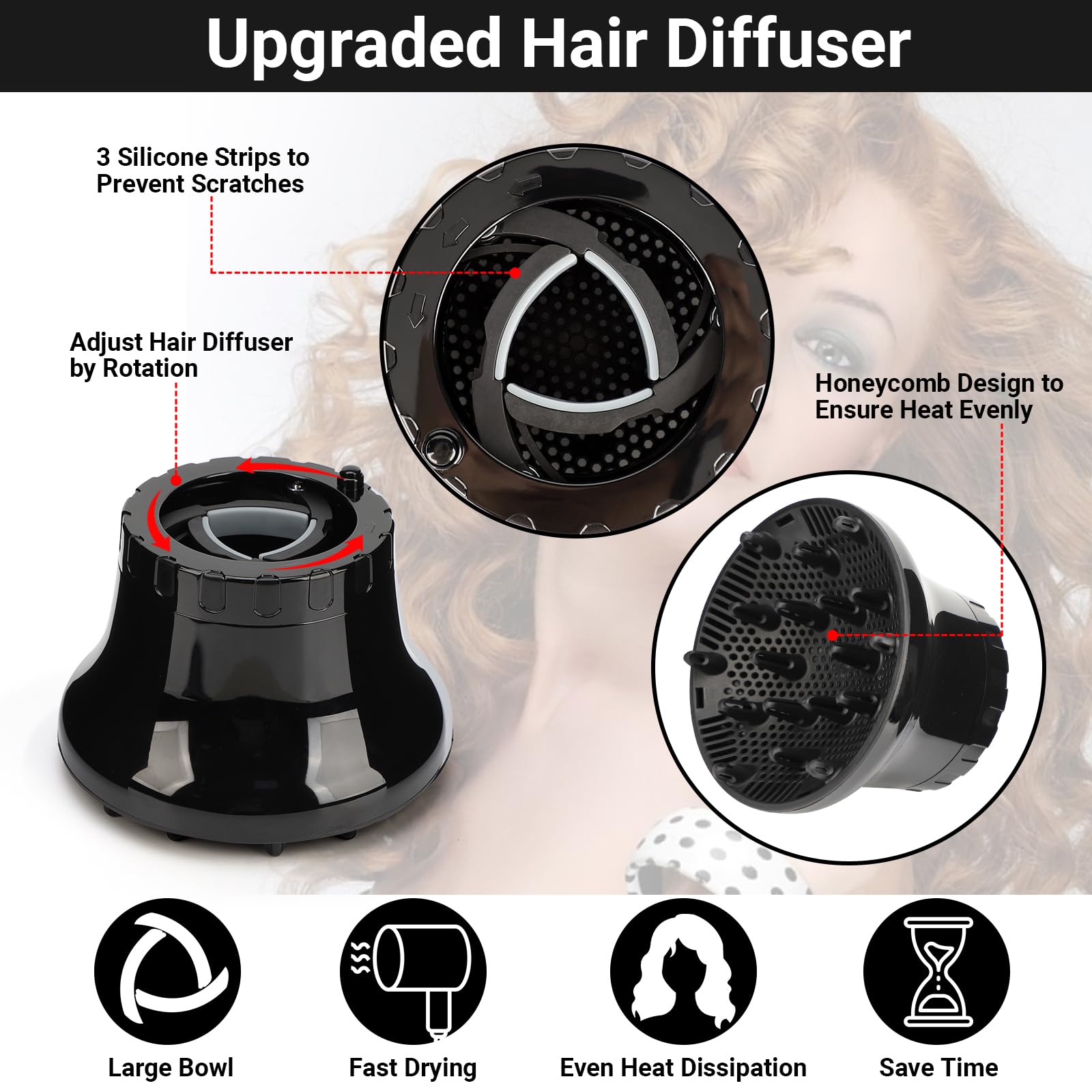 Segbeauty Universal Curly Hair Diffuser, Adaptable Hair Diffuser Attachment for Hair Salon Quality Hairstyling Tool Hair-protective Frizz-free Fast-drying for Dryers with 1.65" - 3.15" Nozzle