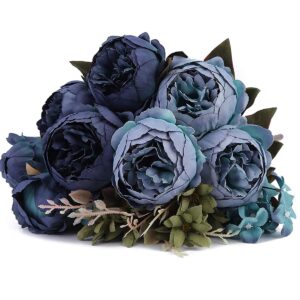 Jim's Cabin Artificial Flowers Fake Silk Peony Flower Bouquet Floral Plants Decor for Home Garden Wedding Party Decor Decoration(Dark Blue)