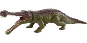 mattel jurassic world massive biters sarcosuchus dinosaur action figure toy, posable large species, strike & chomp motion