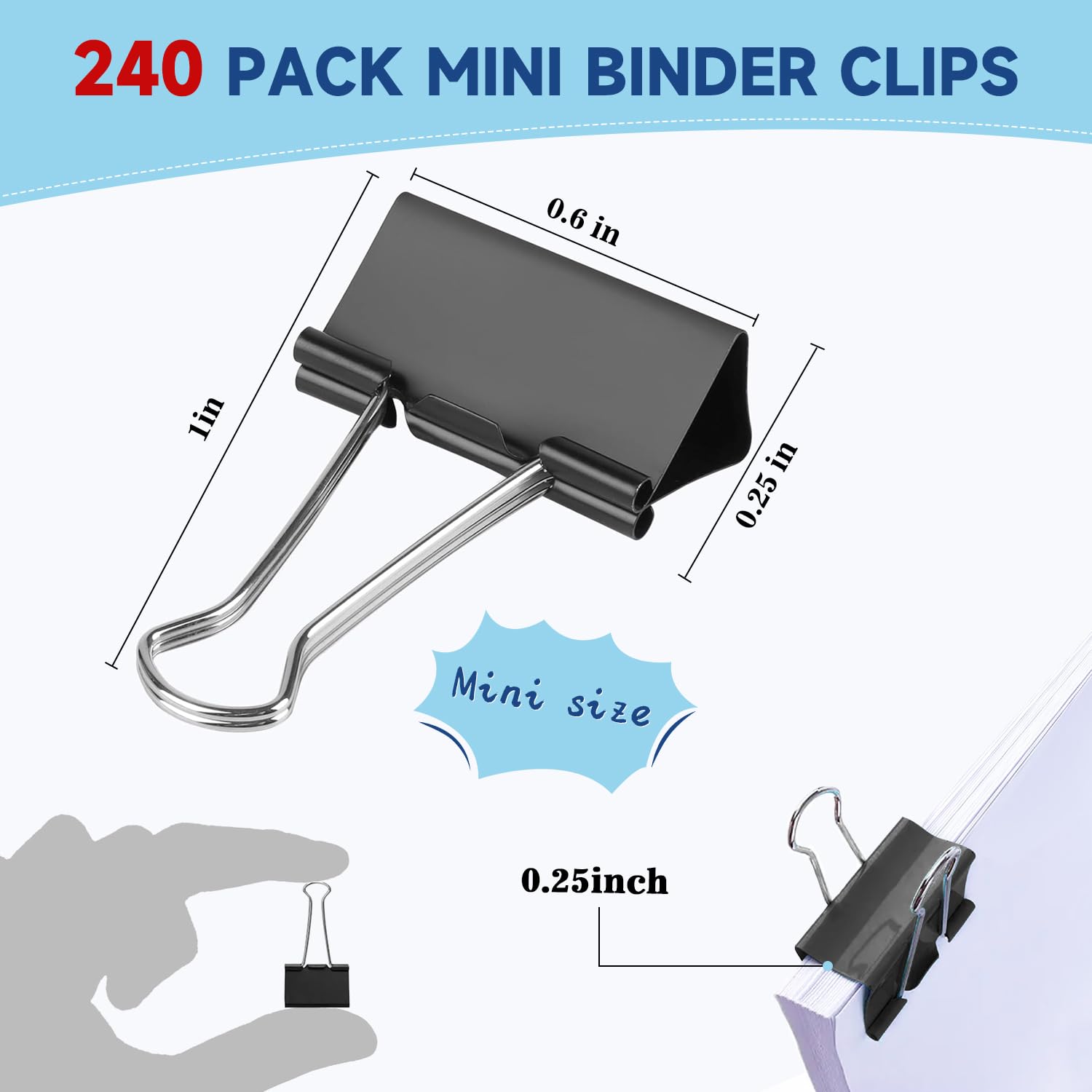 240 Pack Mini Binder Clips, Black Binder Clips, Small Paper Clips 15mm 5/8 Inch. Micro Size Office Clips for Home School Office and Business (15mm 5/8 Inch-240 PCS)