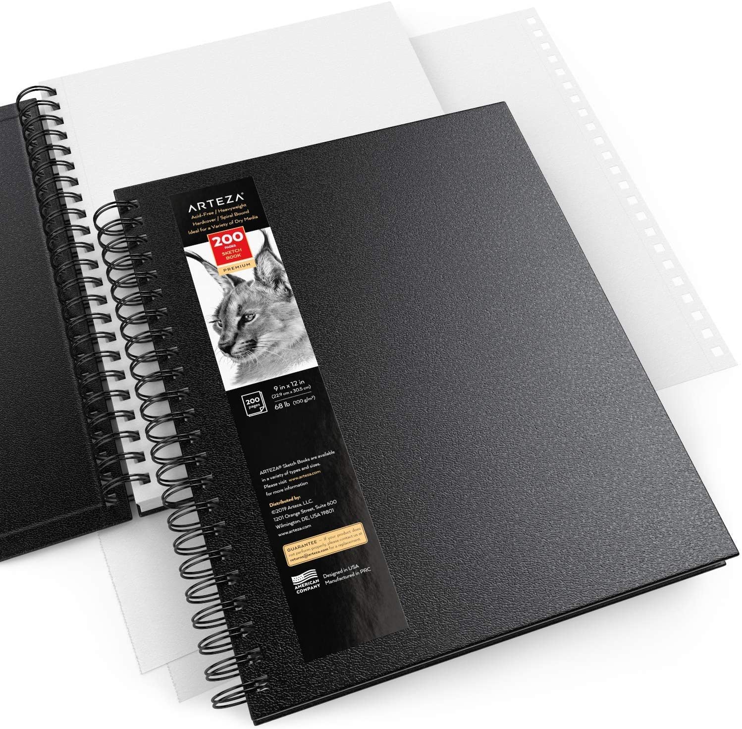 Arteza Sketch Book, 9x12-inch, 2-Pack, Black Drawing Pads, 200 Sheets Total, 68 lb 100 GSM, Hardcover Sketchbook, Spiral-Bound, Use with Pencils, Charcoal, Pens, Crayons & Other Dry Media