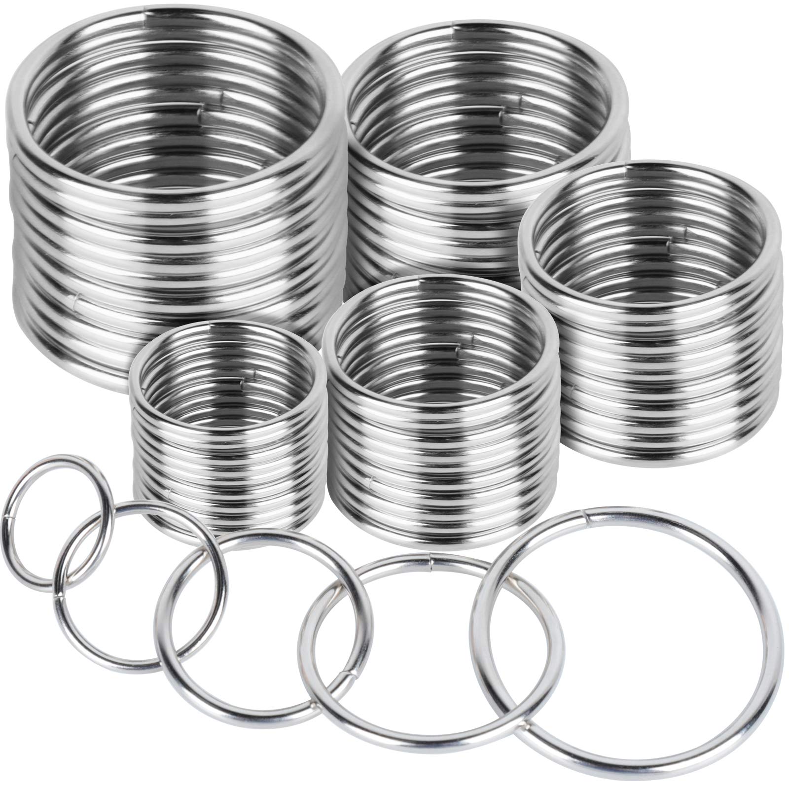 FANDAMEI Metal O Ring，50 Pcs Silver Multi Purpose Metal O Ring for Macrame, Camping, Dog Leashes, Hardware, Bags and More Craft Project - 16mm, 21mm, 25mm, 32mm, 38mm