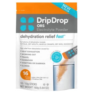 dripdrop ors - patented electrolyte powder for dehydration relief fast - for workout, sweating, heat, & travel recovery - orange - 16 x 8oz servings