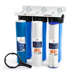 aquaboon 3 stage water filter system for well water - pp sediment filter & gac filter & pleated filter cartridges & whole house 20x4.5 water filter housing w/wrench, bracket & pressure gauge & release