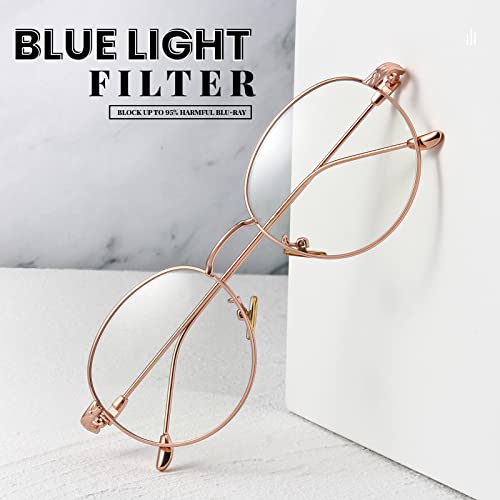 livho Blue Light Blocking Glasses, Retro Round Fake Eyeglasses Frames Anti UV Ray Filter Computer Gaming Glasses Women (Rose Gold Frame,Transparent lens)