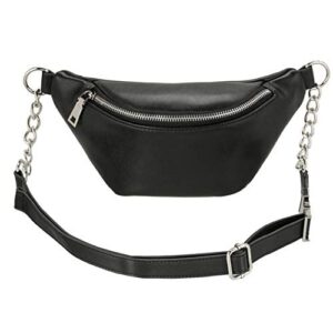 bigbigme fanny pack for women, fashion leather waist bag belt bag with adjustable strap crossbody bag chest bag phone purse with metalic chain, gifts for women, black