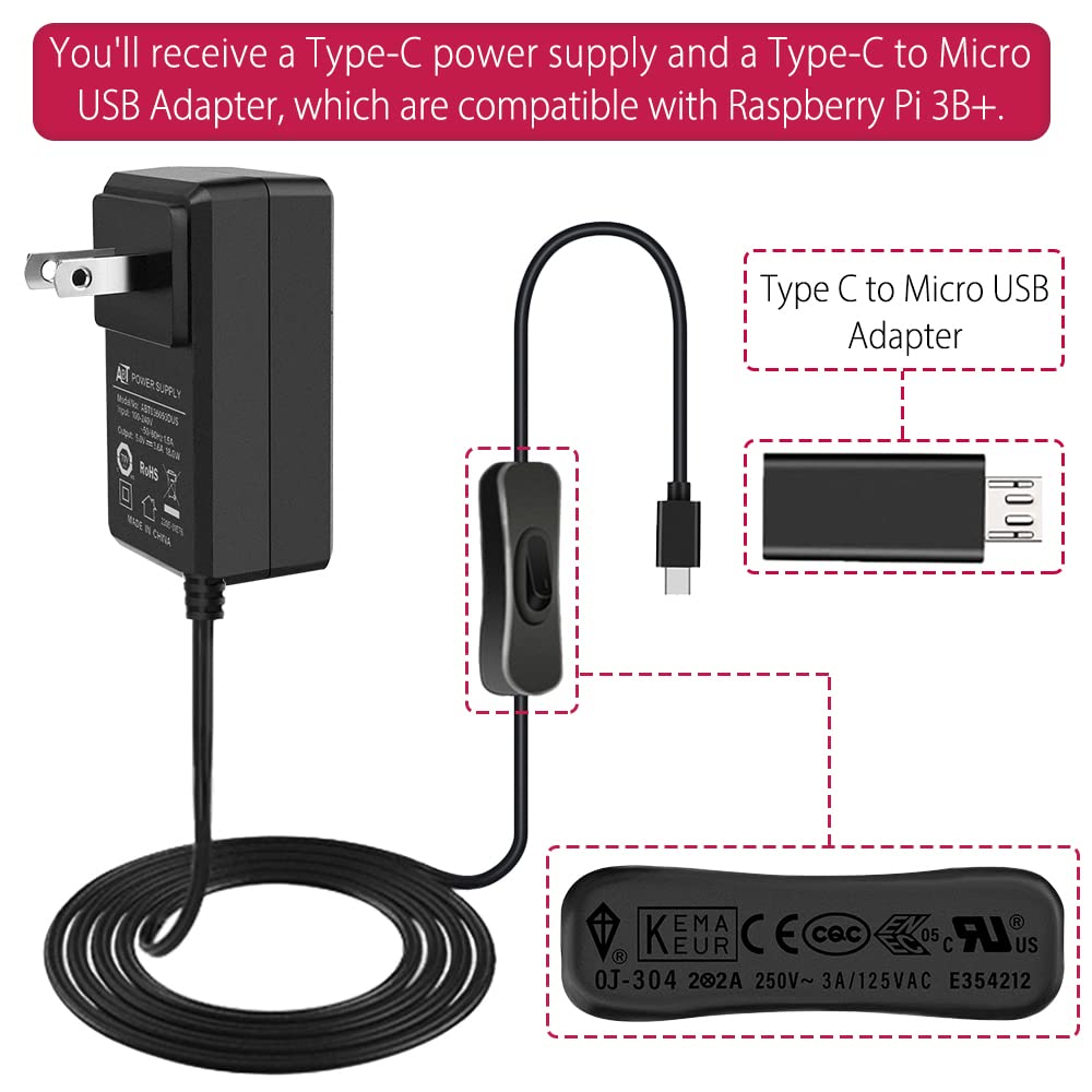 GeeekPi 18W 5V 3.6A Power Supply for Raspberry Pi 4/Orange Pi 5&5B, UL Listed Type C Power Supply with ON/Off Switch for Raspberry Pi 4 Model B 8GB/4GB/2GB/1GB, with a Micro USB Adapter for Pi 3B+/3B