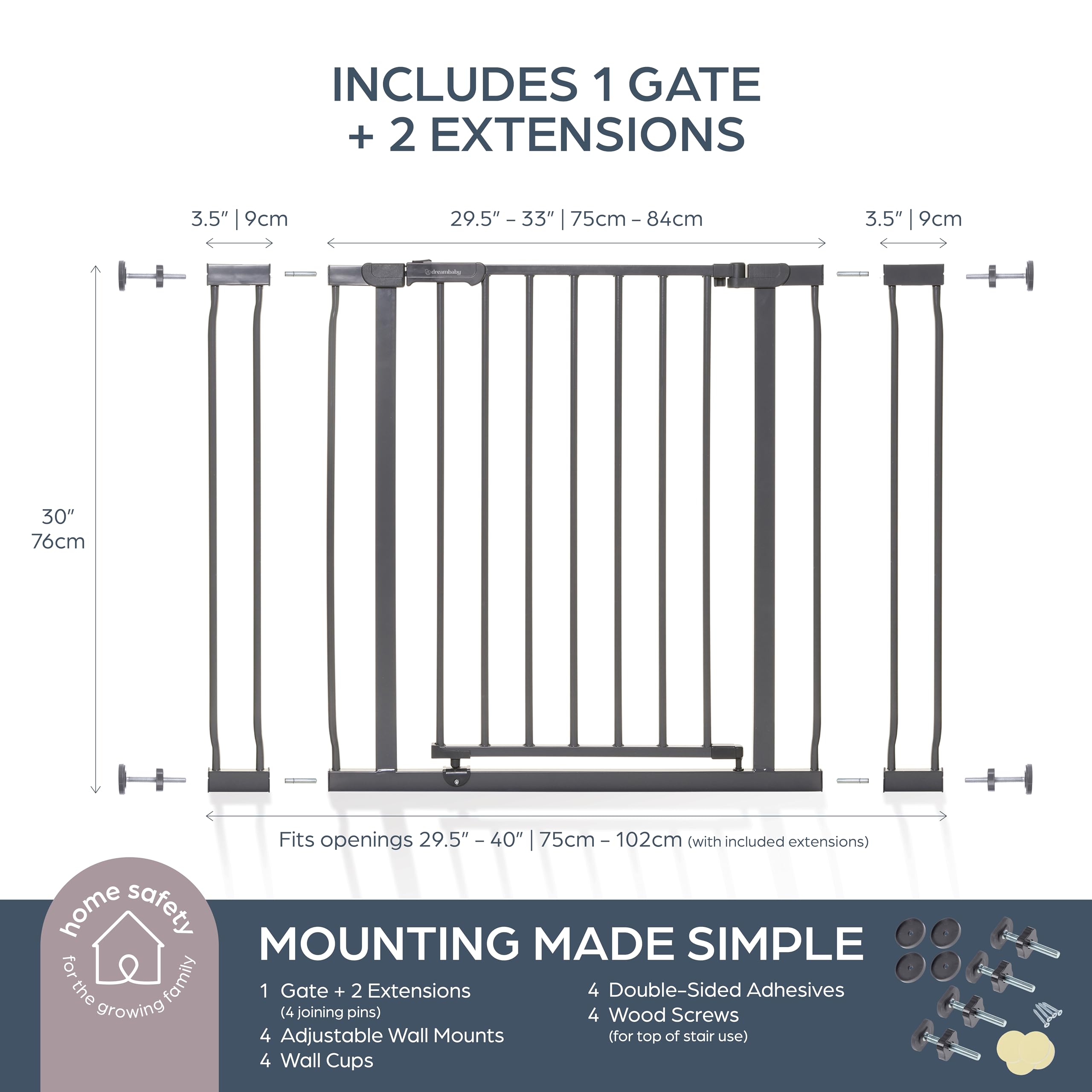 Dreambaby Ava 29.5" - 40" Baby Gate for Stairs and Doorways, Wide Adjustable-Gate for Doors, Easy to Install and Sturdy Walk Through Baby Gate - Can be Used as a Dog Gate