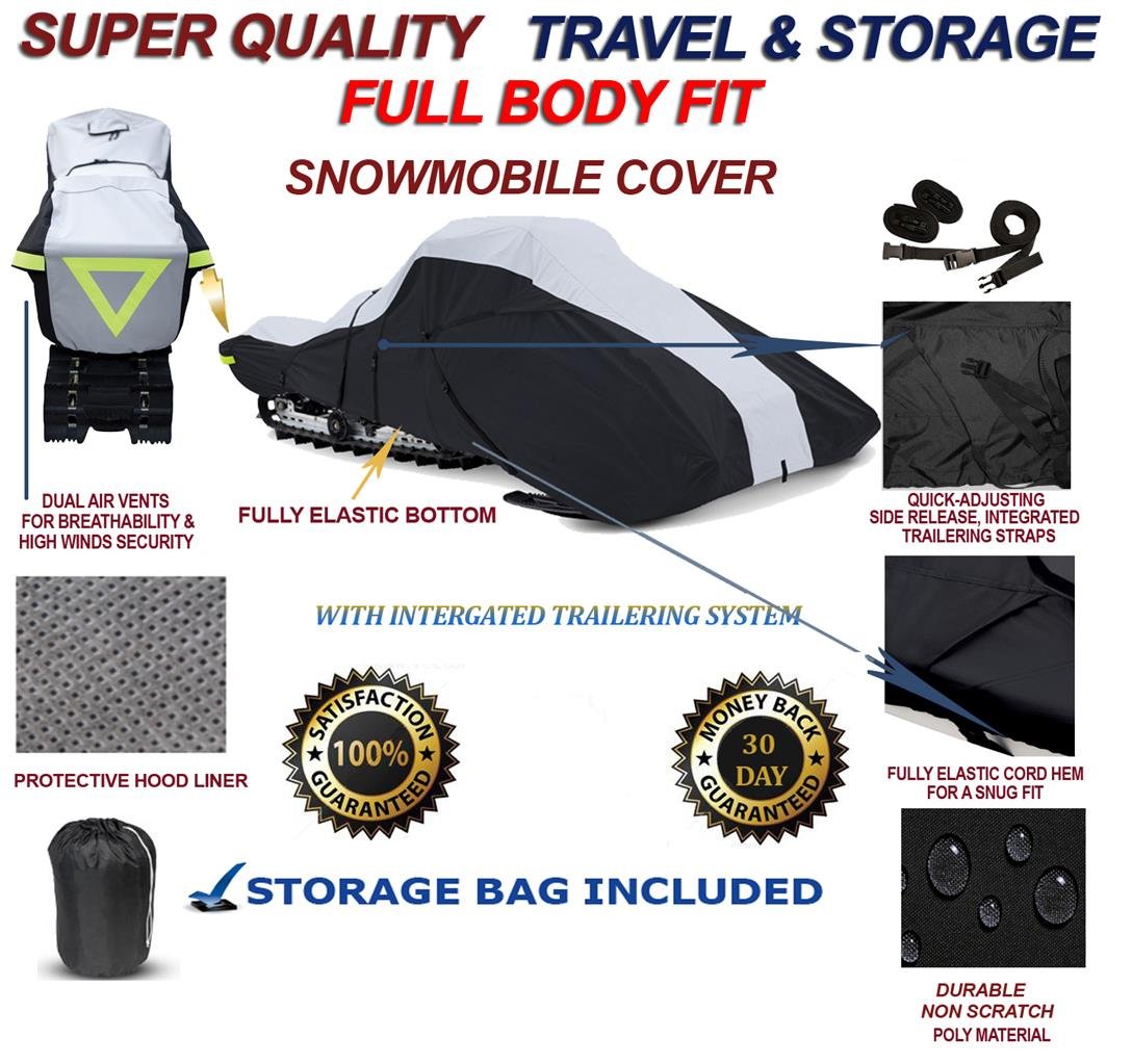 Full Fitment Snowmobile Cover Compatible for the Ski Doo Bombardier Backcountry X-RS 850 ETec 146model years 2020-2023. 600 Denier black and gray, trailerable.