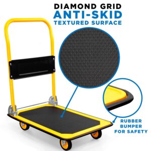 MOUNT-IT! Platform Truck | Push Cart Dolly [330lb Weight Capacity] Foldable Flatbed with Swivel Wheels, Rolling Trolley Cart, Foldable, Flat (Yellow)