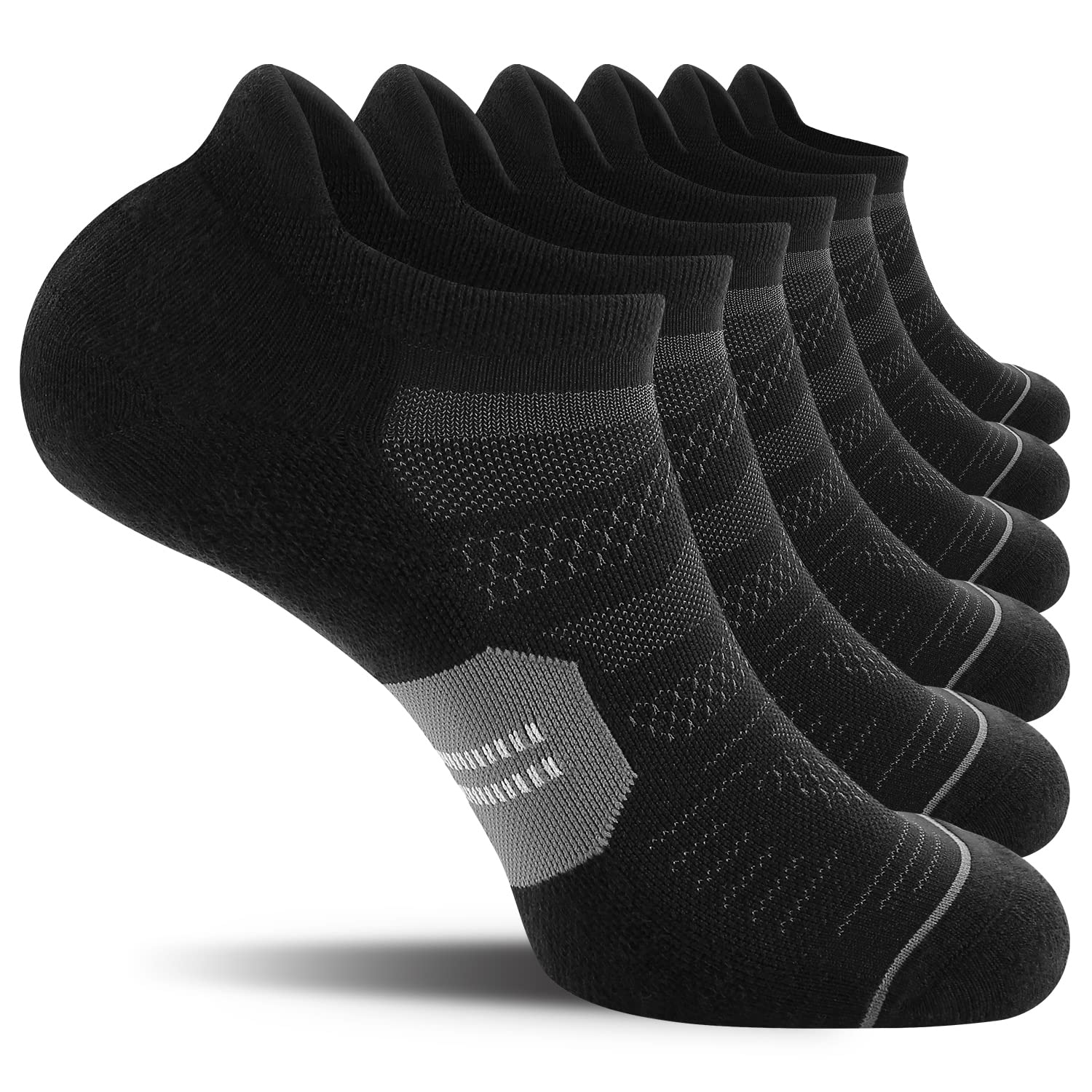 CelerSport 6 Pack Men's Running Ankle Socks with Cushion, Low Cut Athletic Tab Socks, Black + Grey, Medium