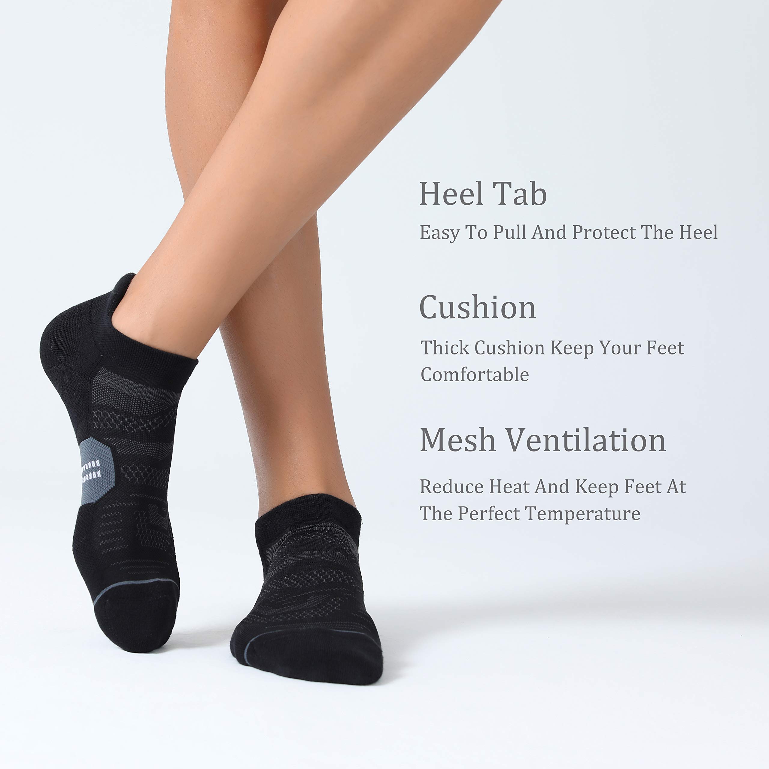 CelerSport 6 Pack Men's Running Ankle Socks with Cushion, Low Cut Athletic Tab Socks, Black + Grey, Medium