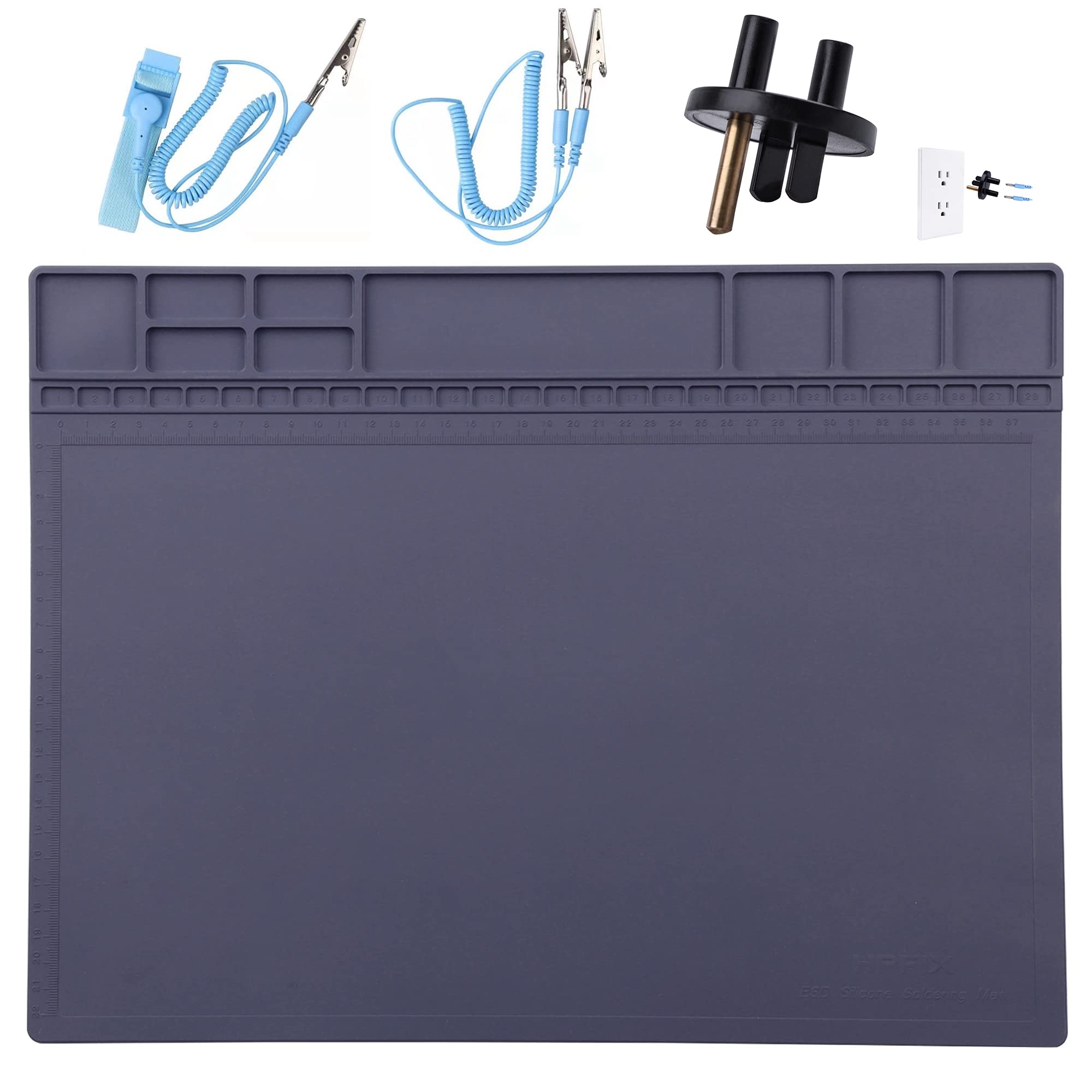 Anti-Static Mat ESD Safe for Electronic Includes ESD Wristband and Grounding Wire, HPFIX Silicone Soldering Repair Mat 932°F Heat Resistant for iPhone iPad iMac, Laptop, Computer, 15.9” x 12” Grey