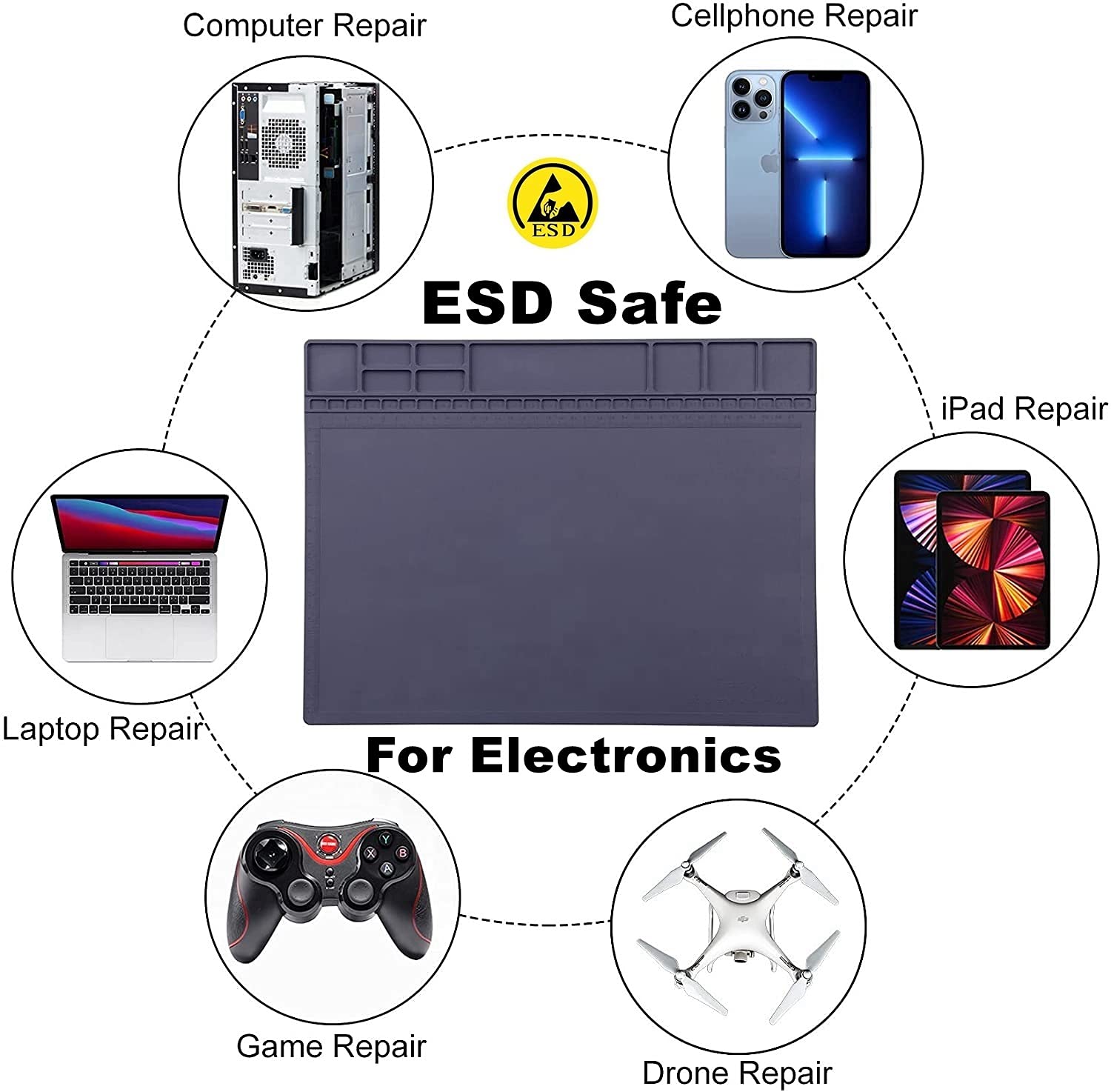 Anti-Static Mat ESD Safe for Electronic Includes ESD Wristband and Grounding Wire, HPFIX Silicone Soldering Repair Mat 932°F Heat Resistant for iPhone iPad iMac, Laptop, Computer, 15.9” x 12” Grey